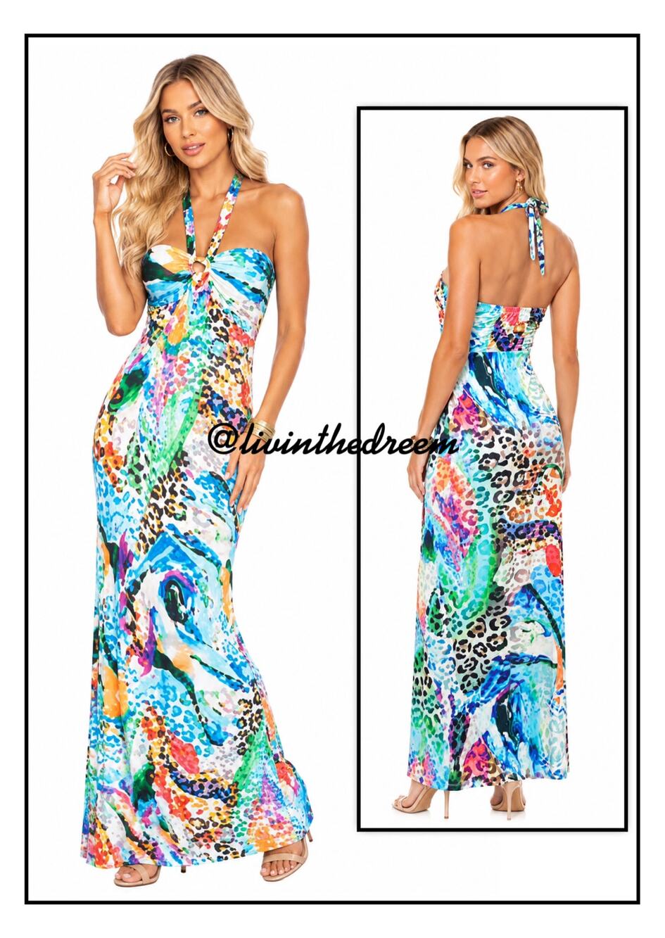 Venus Vibrant Colorful Animal Print Halter Maxi Dress SZ Small